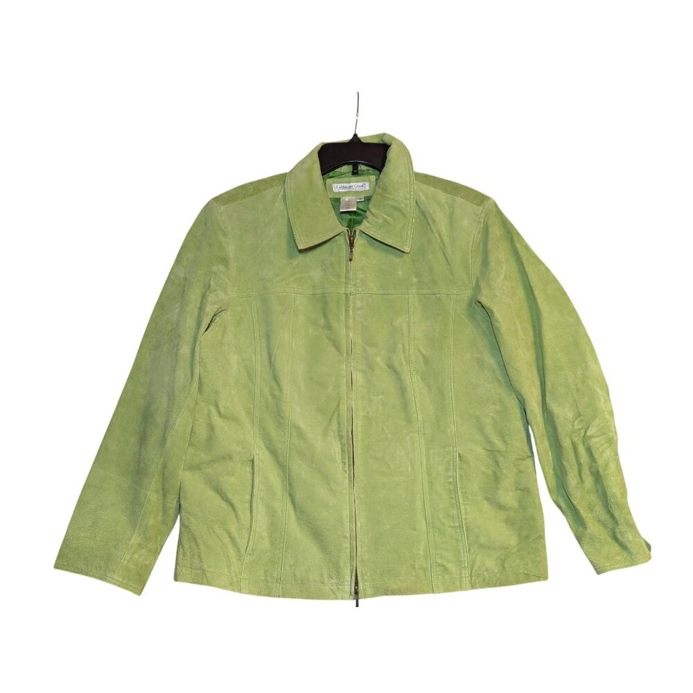 Coldwater Creek Womens Green Suede Leather Jacket 1X With Zip Closure & Polyeste